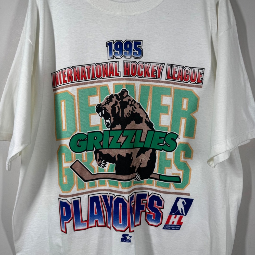 Vintage 1995 Denver Grizzlies IHL Playoffs Starter T-Shirt White Large USA Made